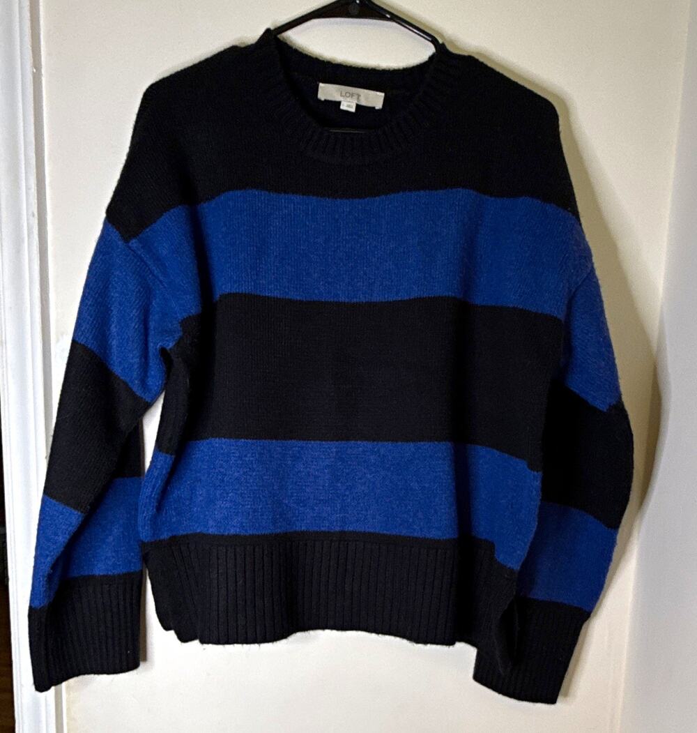 LOFT Women's L Black Blue Striped Crew Neck Pullover Knit Sweater Ribbed Trim